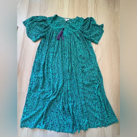 GO SOFTLY • Floral Tassel Zip Caftan Mumu Patio Midi House Dress Teal pockets M - Picture 1 of 7